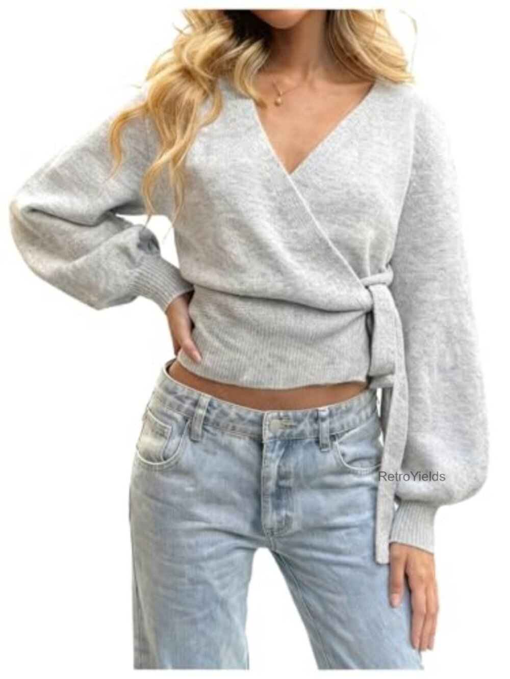 V Neck Cinched Waist Wrap Sweater Cardigan Rib Knit Cropped